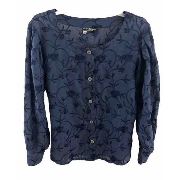 EUC SALVATORE FERRAGAMO Blue Embroidered Floral Puff Sleeve Linen Blouse Sz XS - Picture 1 of 9